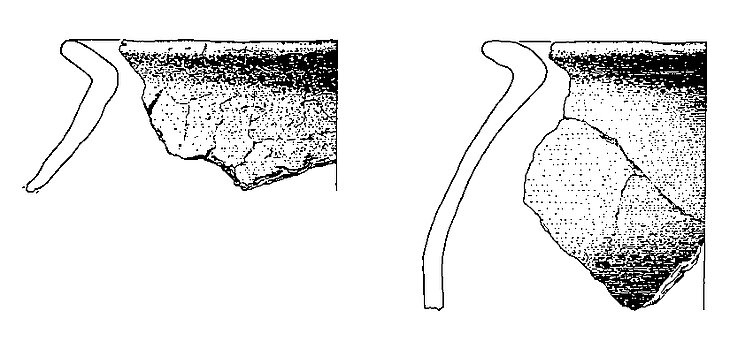 Fragmente von zwei handgeformten, frühmittelalterlichen Kugeltöpfen.