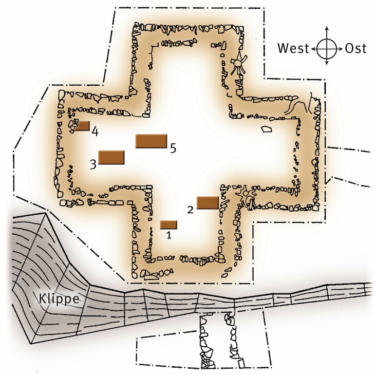 Grabungsplan mit den Steinfundamenten der  Kreuzkirche und der unterhalb der Klippe ansetzenden Mauer