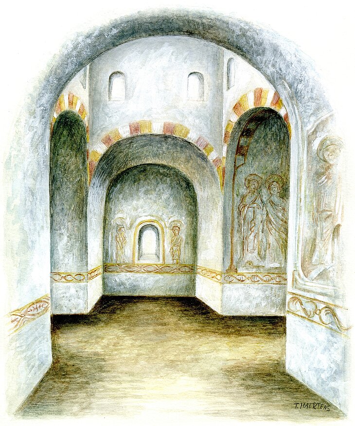 Zeichnerische Visualisierung des Innenraums der Kreuzkirche auf dem Wittekindsberg. Zeichnung: © Thomas Maertens 2019, GeFAO e. V.