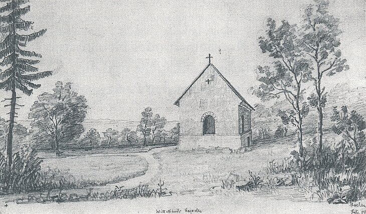 Die älteste bekannte Darstellung der Margarethenklus vom Juli 1856. Man beachte die Benennung: Wittekinds Kapelle! Bildsammlung des Kommunalarchivs Minden.