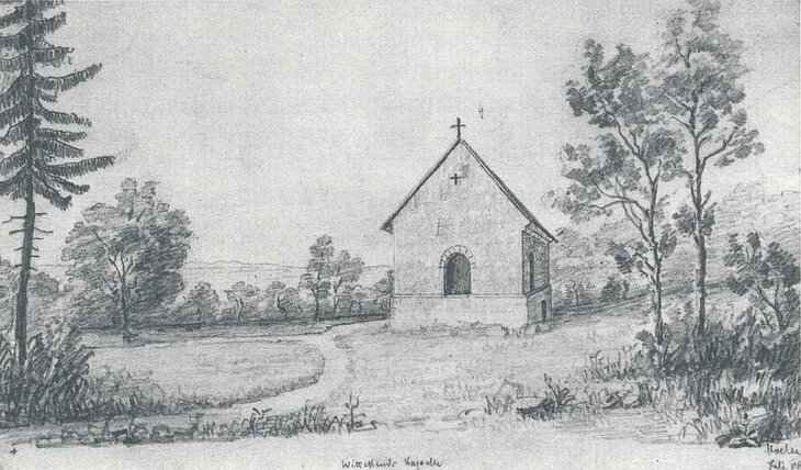 Die älteste bekannte Darstellung der Margarethenklus vom Juli 1856. Man beachte die Benennung: Wittekinds Kapelle! Bildsammlung des Kommunalarchivs Minden.