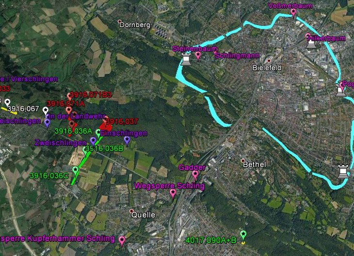 Ausschnitt aus der Kartierung mit verschiedenen Hinweisen auf Landwehrreste