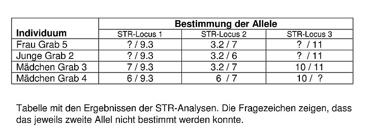 Tabelle mit den Ergebnissen der STR-Analysen.