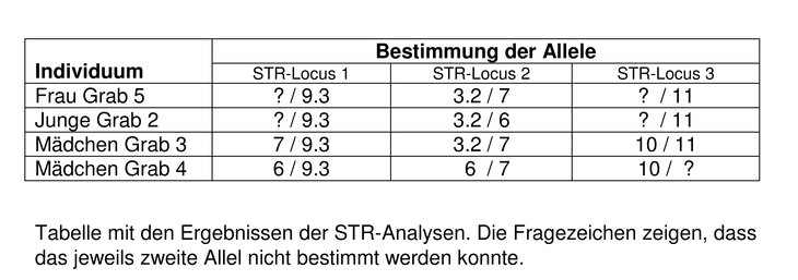 Tabelle mit den Ergebnissen der STR-Analysen.