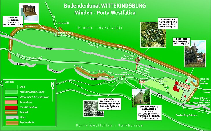 Kulturdenkmäler auf dem Wittekindsberg. Walanlage mit Häverstädter Tor, Kreuzkirche und der Quermauer, Margarethen-Kapelle, Wittekindsquelle,  Königslinde und Berghotel 'Wittekindsburg'. – Graphik: © GeFAO e. V. - Gunda Schünemann.