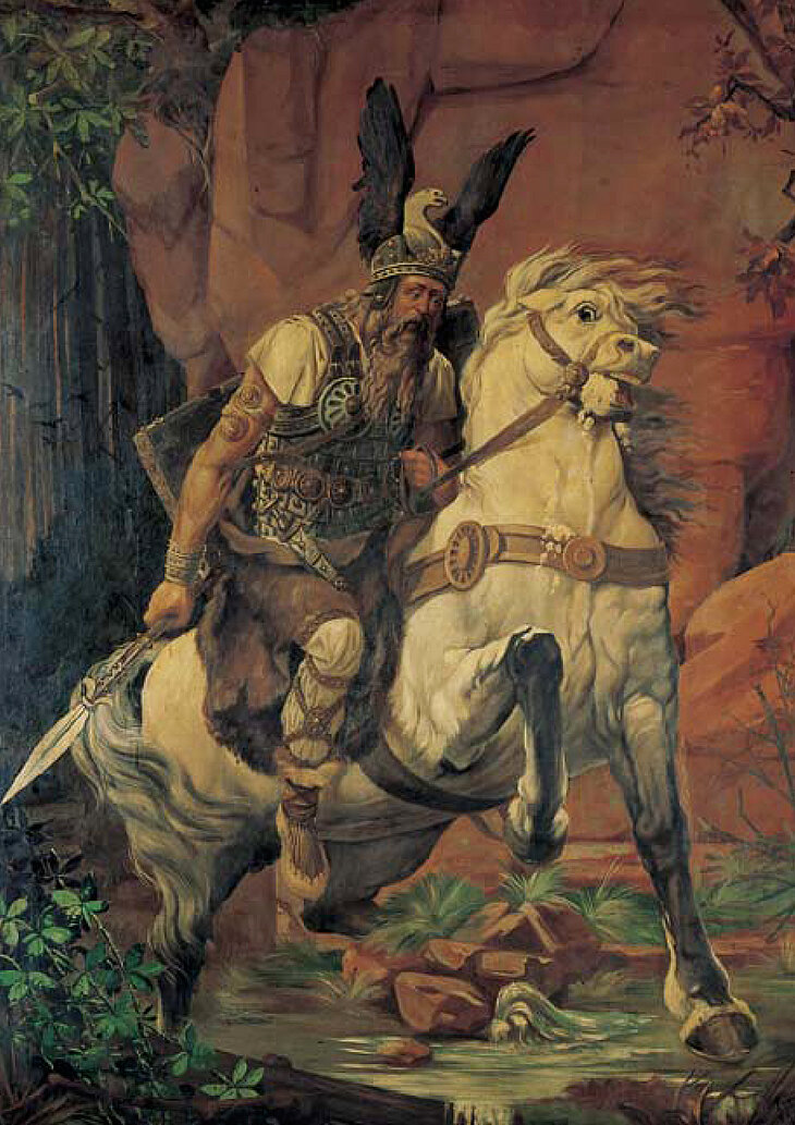 Darstellung Widukinds und des Quellwunders. Maler Hans Mündelein (*1870 Paderborn †1909 Fritzlar). Das Gemälde entstand für die Gaststätte "Zur Wittekindsburg" 1904. Dort wird es heute noch aufbewahrt. − Foto: © GeFAO e.V. - Rolf Nackenhorst.